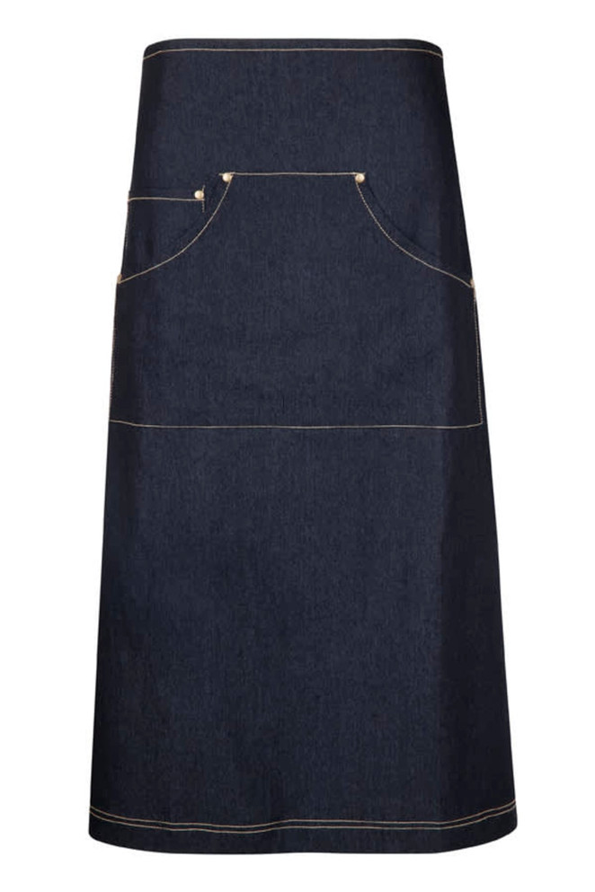 A long denim apron in dark blue with two pockets and contrast stitching. It features a logo on the front.