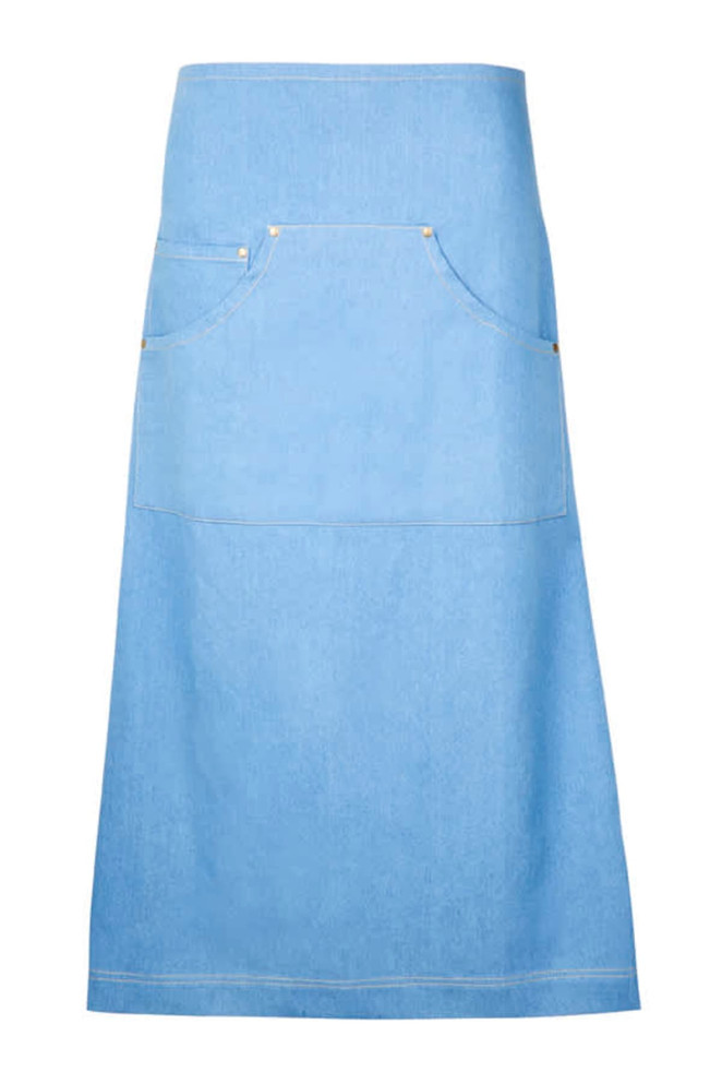 A long waist denim apron in light blue with a front pocket and brass studs. Features a simple, elegant design.