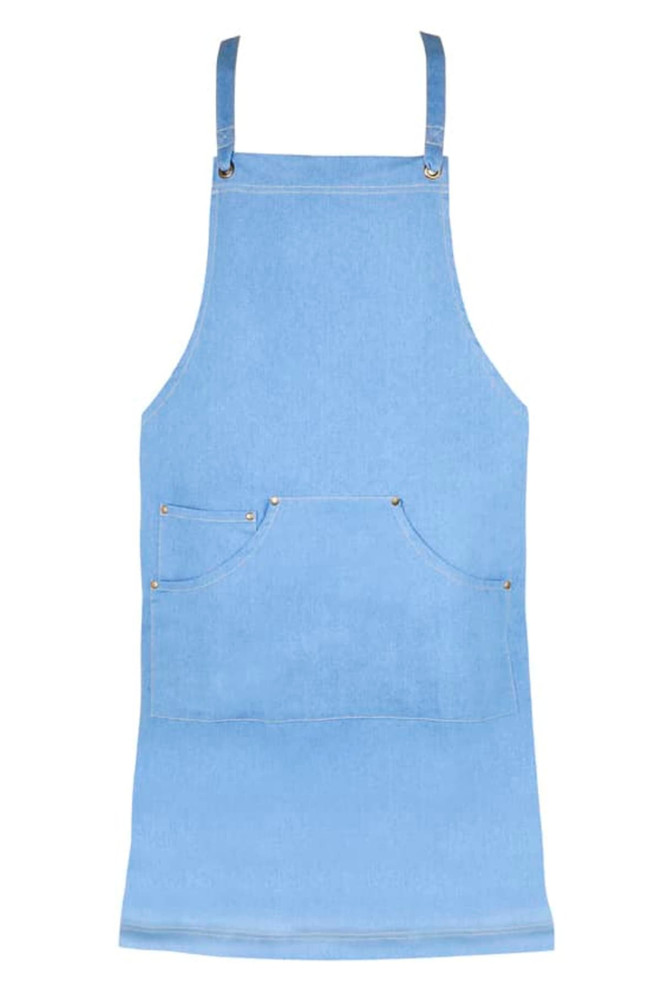 A denim apron in light blue with a front pocket and metal fasteners. The apron features adjustable straps and a simple design.