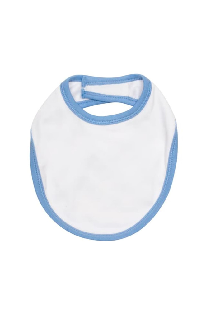 A white bib with light blue trim and an opening for the head. It features a logo in one corner.