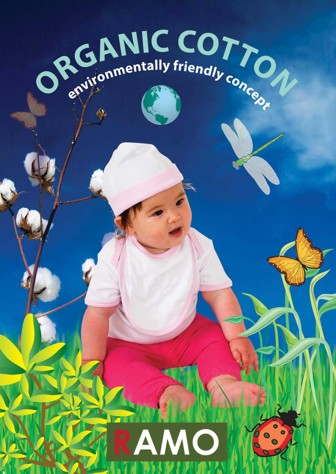 A baby wearing a white hat and pink bib sits amidst greenery, with butterflies and cotton plants in the background.
