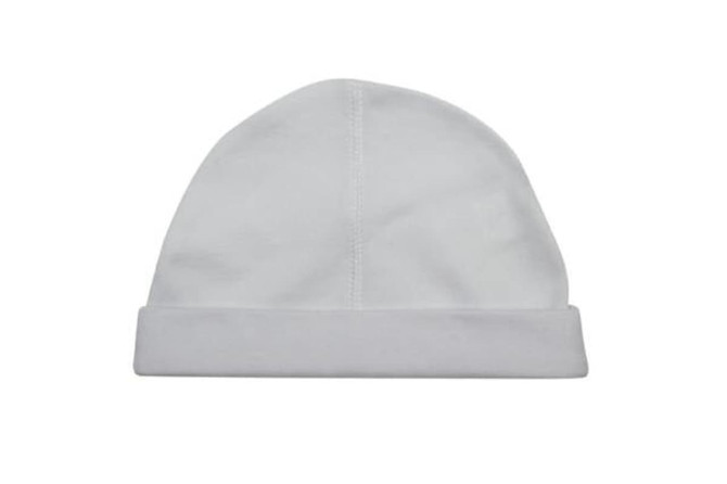 A white baby cap with a folded cuff, featuring a smooth texture and simple design. It has a logo on the side.