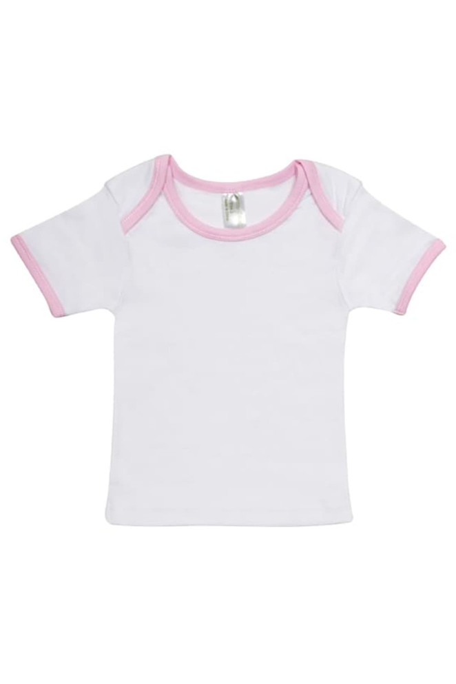A white baby short sleeve tee with pink trim, featuring a tag inside and no visible branding.