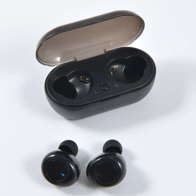 Black Tempest TWS Earbuds displayed in a charging case with a transparent lid. The case has a logo.