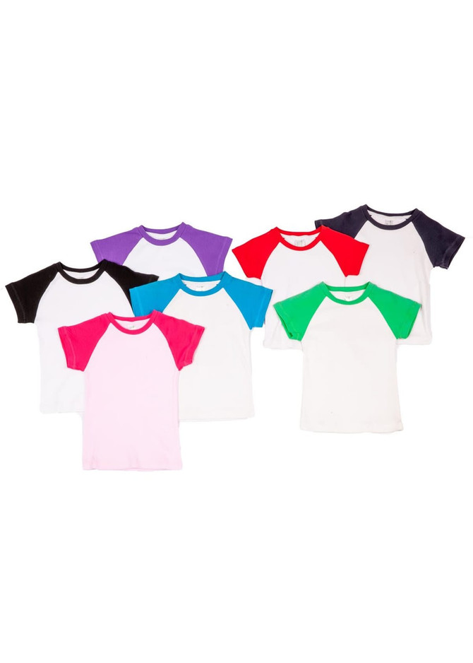 A collection of babies' raglan t-shirts featuring various coloured sleeves, including black, purple, red, turquoise, green, and pink.