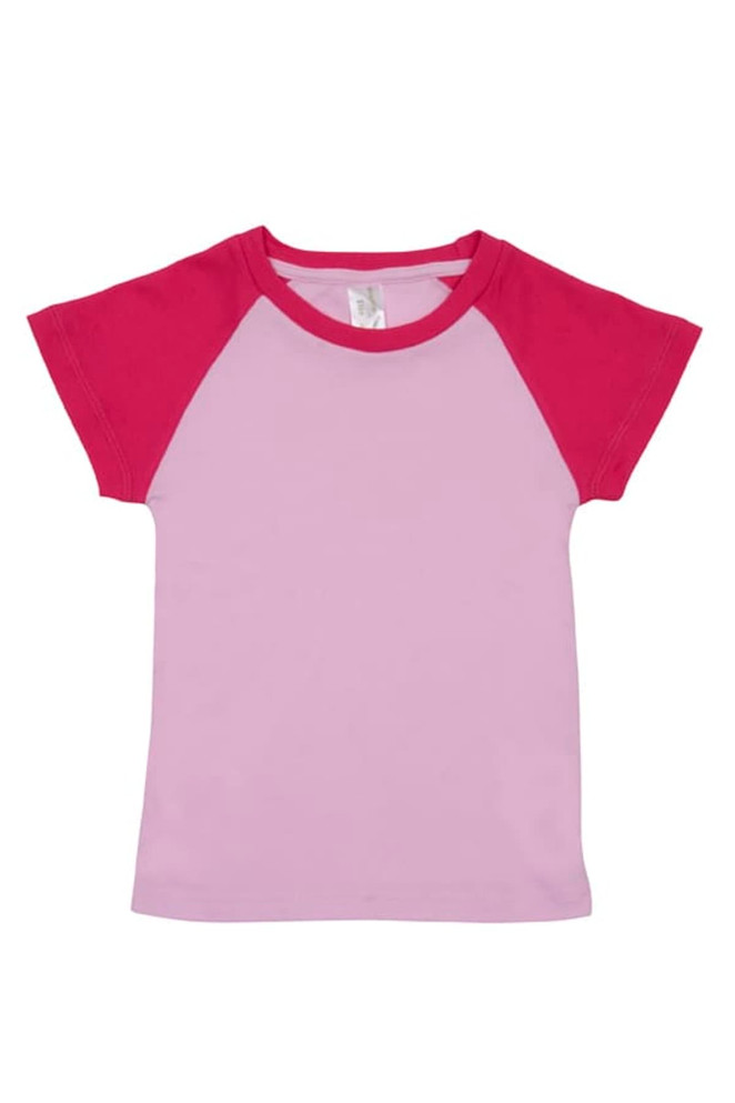 A pink and lavender Babies Raglan T-shirt with short sleeves and a logo on the label.