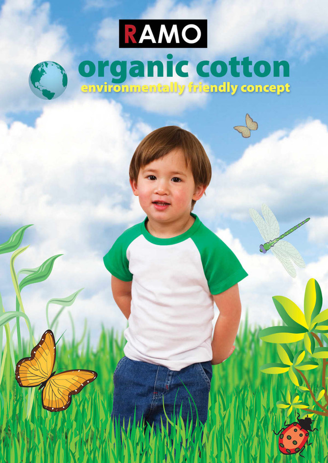 A child wearing a green and white raglan T-shirt, set against a vibrant, nature-themed background with butterflies and foliage.