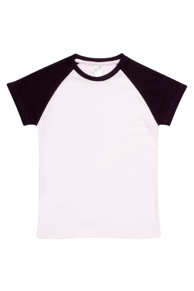 A babies' raglan T-shirt featuring white fabric with black sleeves and collar, designed for comfort and style.