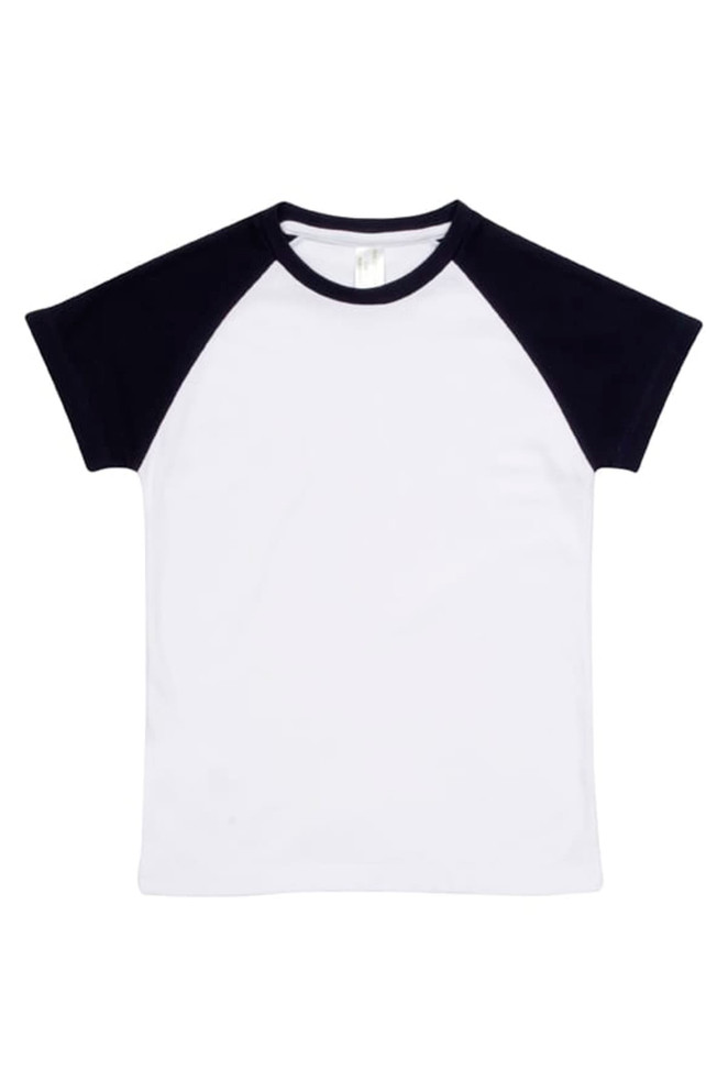 A white raglan T-shirt with black sleeves, featuring a tag inside and a simple design.