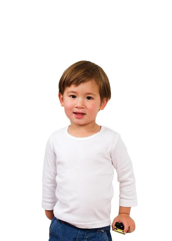 A white long-sleeve T-shirt for babies, displayed on a young child holding a toy.
