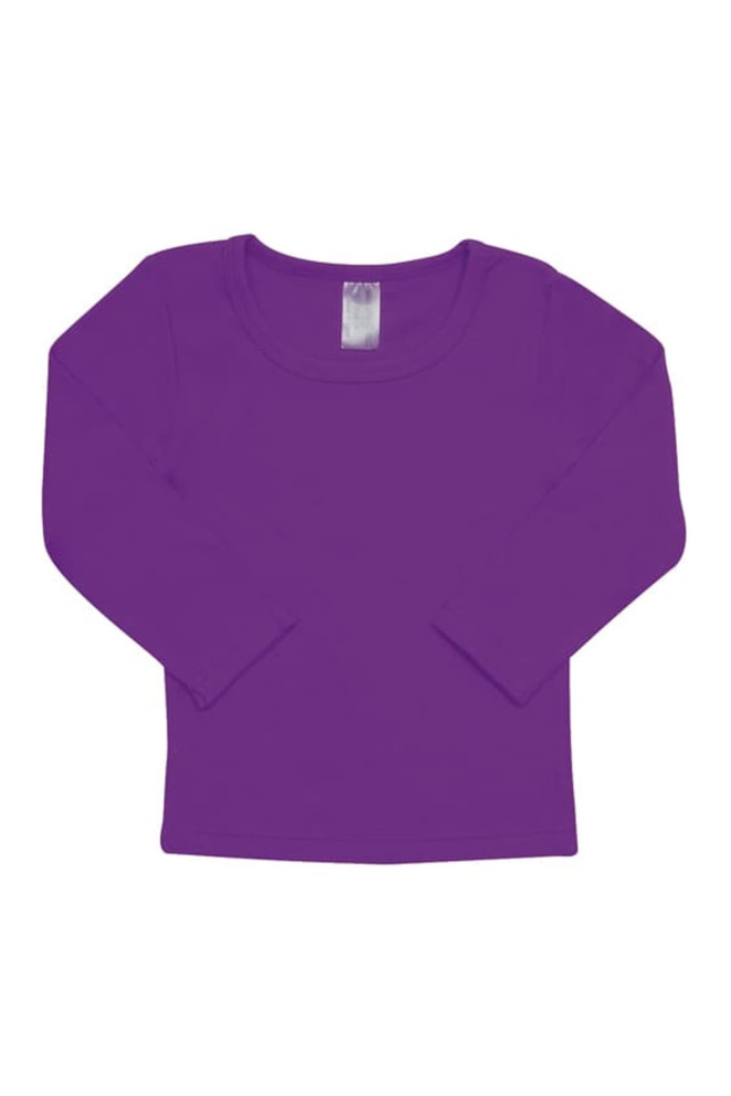 A long-sleeve t-shirt for babies in a vibrant purple colour. It has a simple design and a labelled neckline.