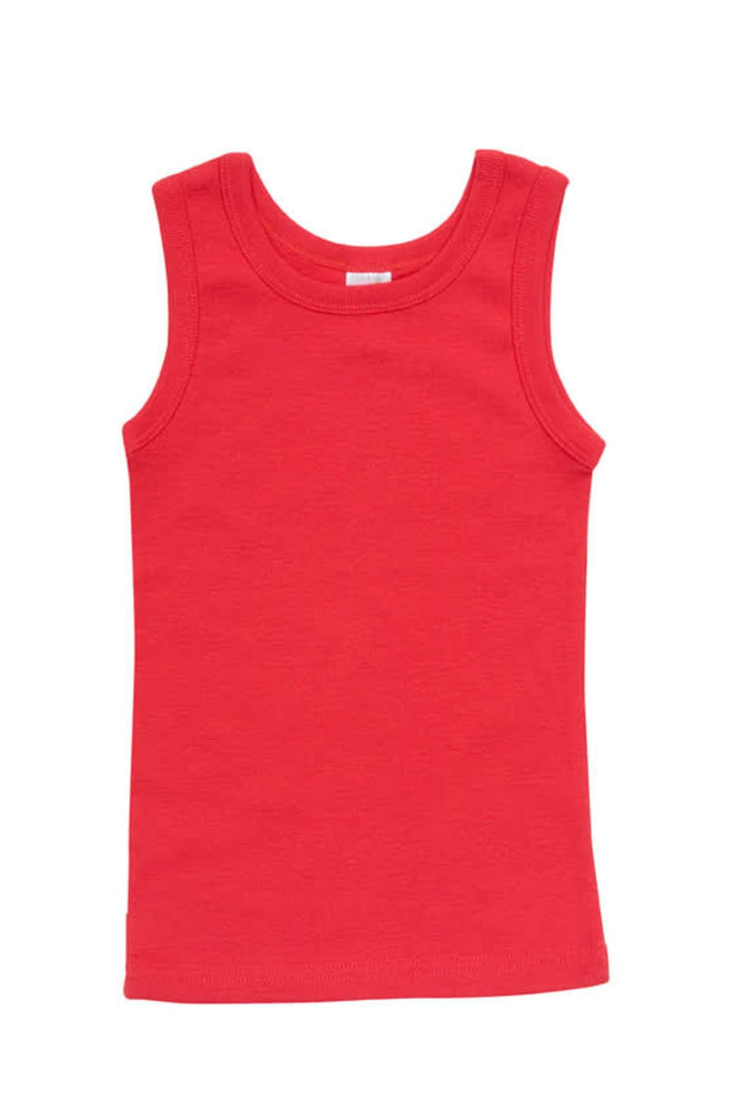 A red baby singlet featuring a sleeveless design, made from soft fabric, with a simple shape and no visible logos.
