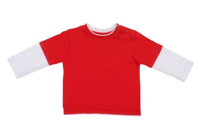 A red kid's double sleeve T-shirt featuring long white sleeves and a button detail on the shoulder.