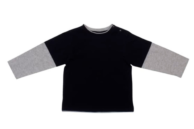 A kid's double sleeve T-shirt featuring a black body and grey sleeves, with a small button detail on one shoulder.