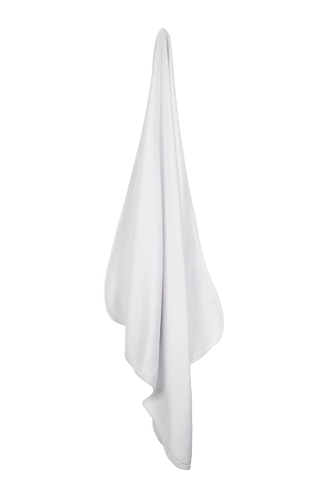 A white baby blanket displayed hanging downwards, featuring a smooth and soft texture. It has a logo or branding present.