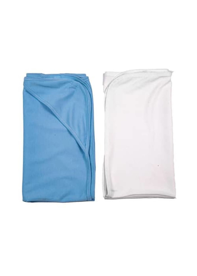 A set of baby blankets in blue and white, neatly folded and stacked alongside each other.