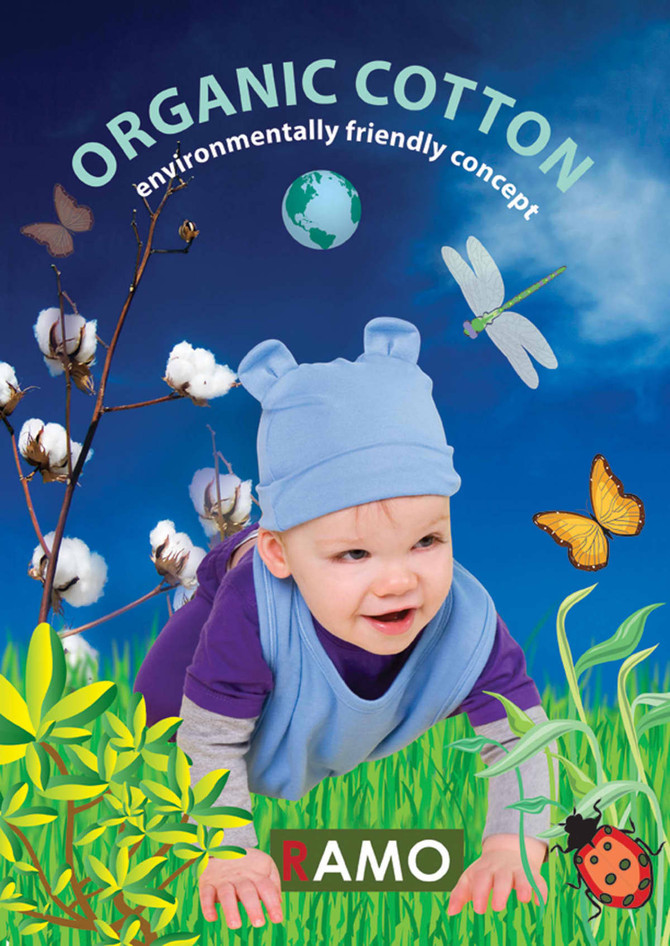 A blue beanie with rabbit ears on a baby, surrounded by cotton plants and nature elements in a vibrant setting.