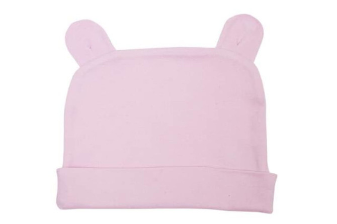 A pink beanie with rabbit ears, featuring a folded cuff and a simple design. It has a logo on the side.