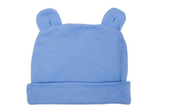 A light blue beanie with two small ears on top. The beanie features a folded cuff and has a logo.