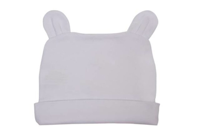 A white beanie featuring rabbit ears and a folded cuff. It has a logo on the side.