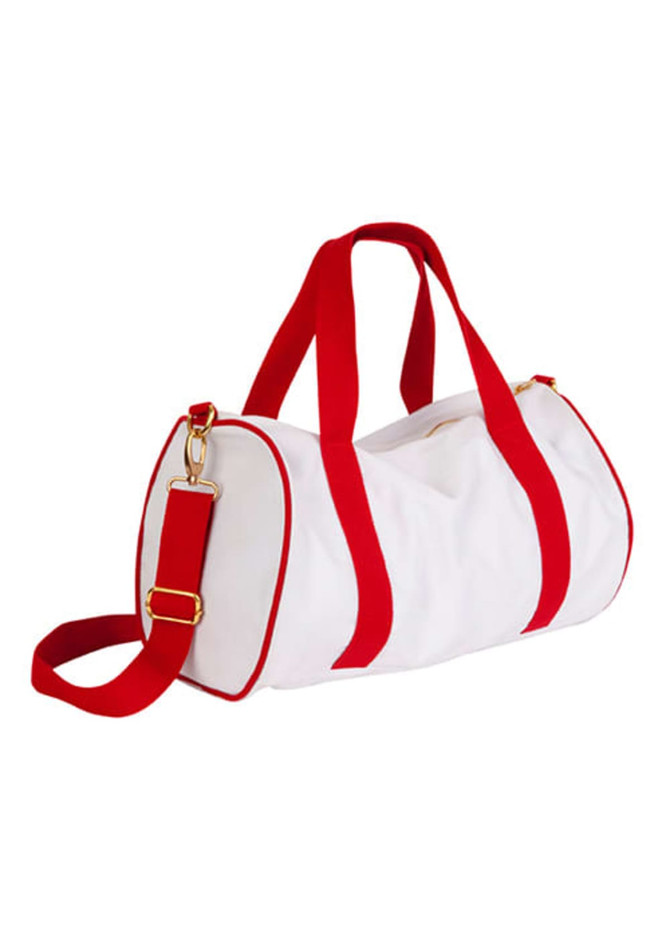 A white mini contrast bag with red accents and handles, featuring a detachable shoulder strap and a logo.