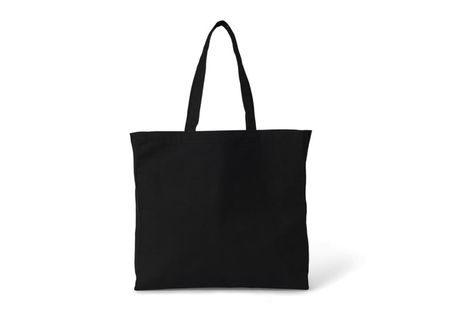 A black heavy tote bag with two handles and a simple design, featuring a logo.
