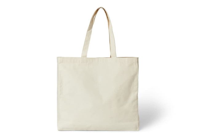A cream-coloured tote bag with sturdy handles and a plain design, featuring a branding logo.