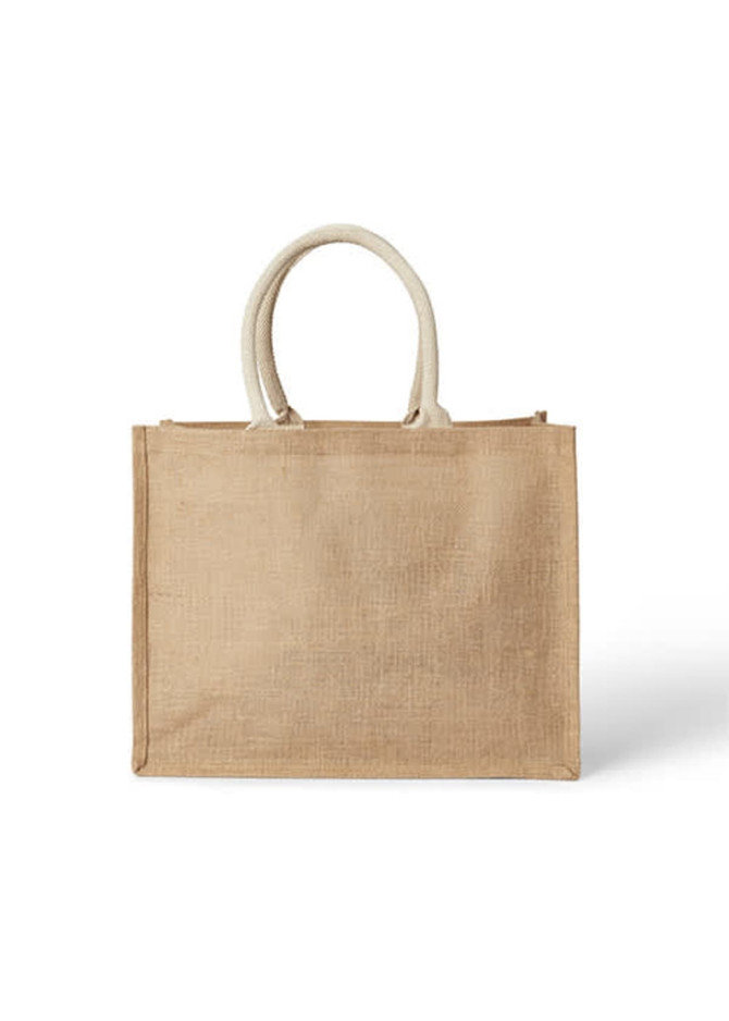 A jute tote bag in a natural beige colour with cream handles and a logo.
