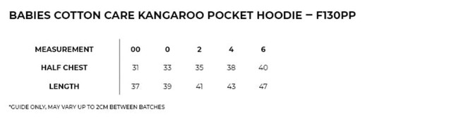 A size chart for the Babies' Cotton Care Kangaroo Pocket Hoodie, displaying measurements in Australian sizes.