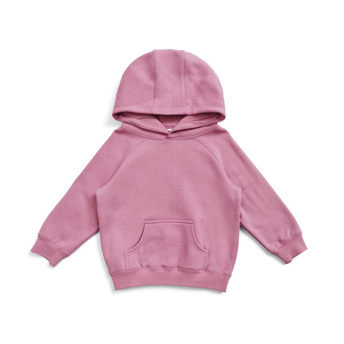 A pink kangaroo pocket hoodie for babies, featuring a hood and soft fabric. It includes a logo on the front.