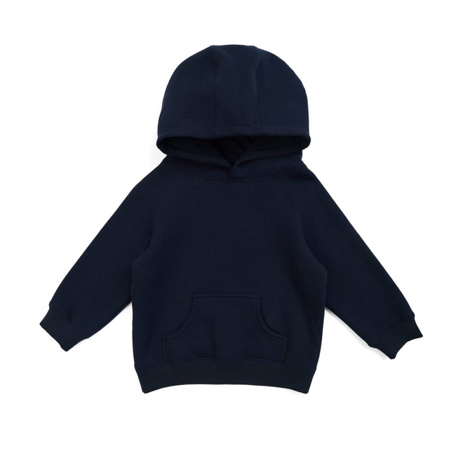 A navy blue kangaroo pocket hoodie for babies, featuring a large hood and long sleeves. Includes a branding logo.