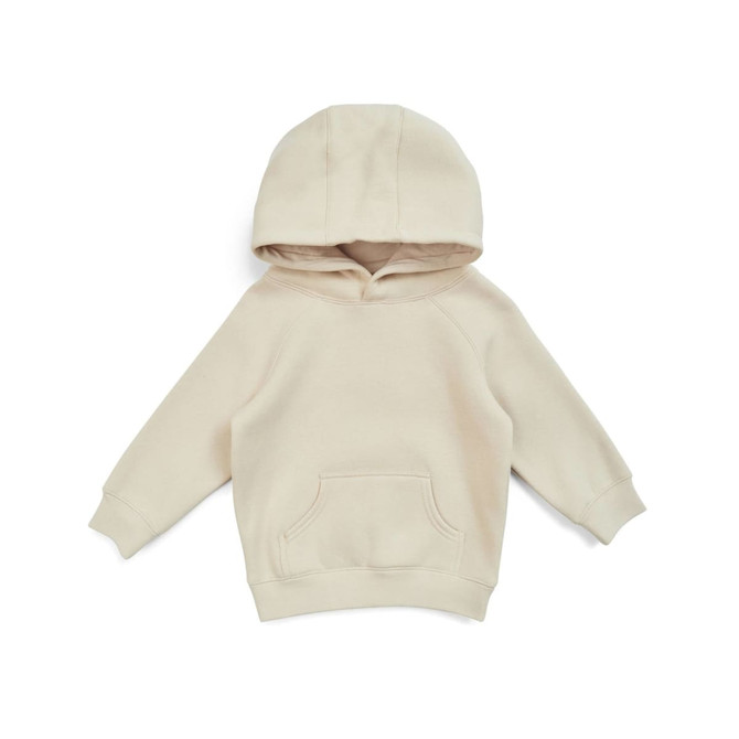 A beige hooded jumper featuring a kangaroo pocket and long sleeves, with a logo present.