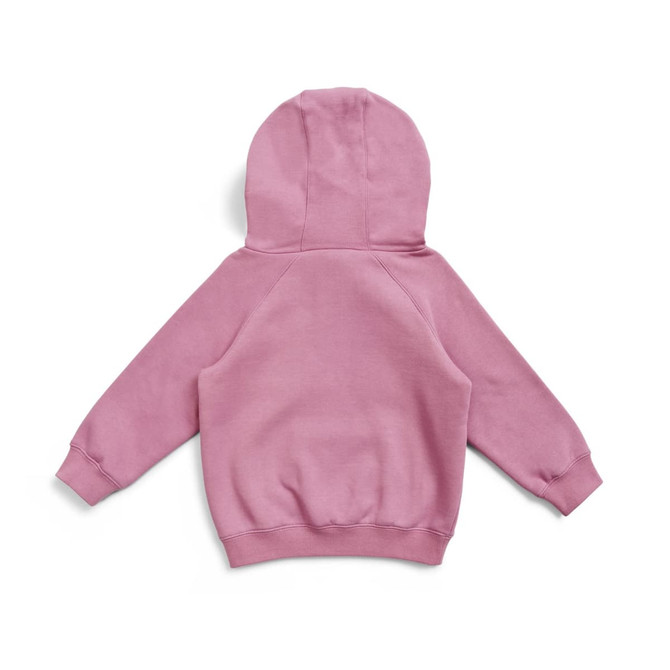 A pink cotton hoodie with a kangaroo pocket and a hood, featuring a simple design and long sleeves.