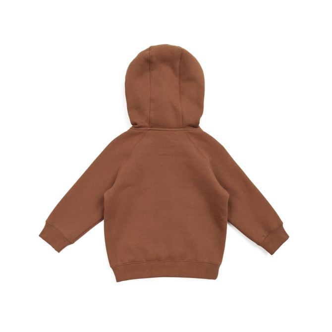 A brown kangaroo zip pocket hoodie for babies, featuring a hood and long sleeves. Includes a branding logo.