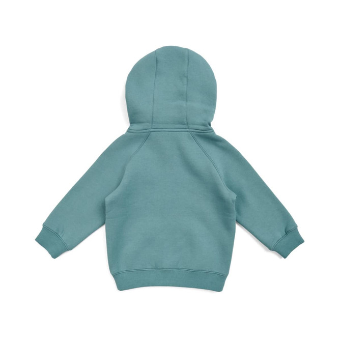 A teal hoodie with a kangaroo zip pocket and a hood, featuring a simple design and no visible logos.