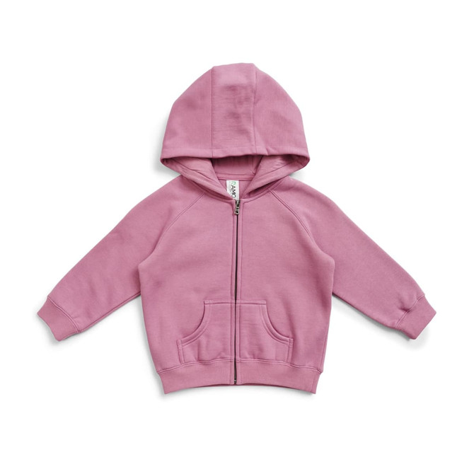 A pink cotton hoodie with a zip pocket and a hood, featuring long sleeves and a front kangaroo pocket.