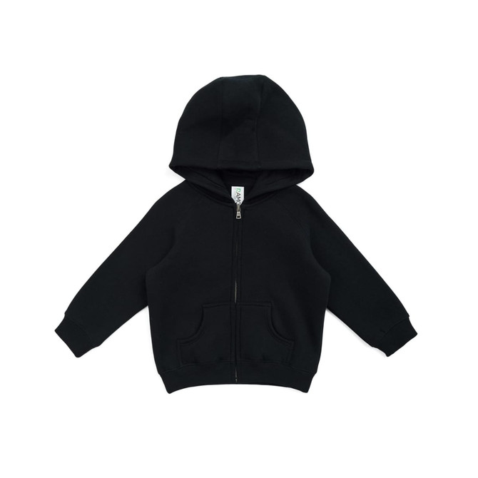 A black zip-up hoodie with a kangaroo pocket and a hood, featuring a logo. Suitable for babies.