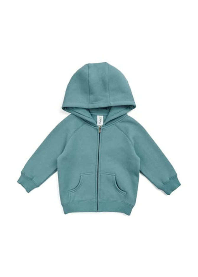 A teal zip-up hoodie for babies with a kangaroo pocket and a hood. It features a branding logo.