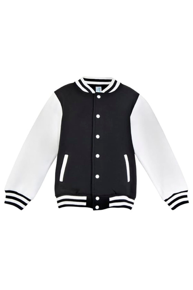 A black and white varsity jacket featuring a button-up front and striped cuffs. It has a logo on the chest.