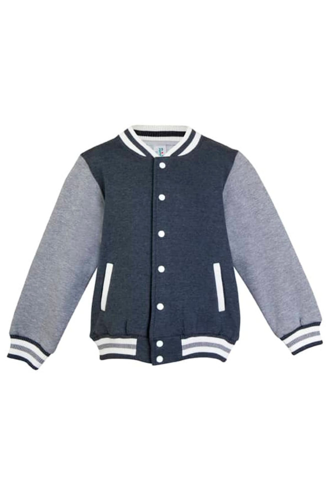 A grey and navy varsity jacket featuring white stripes, ribbed cuffs, and a snap-button closure.