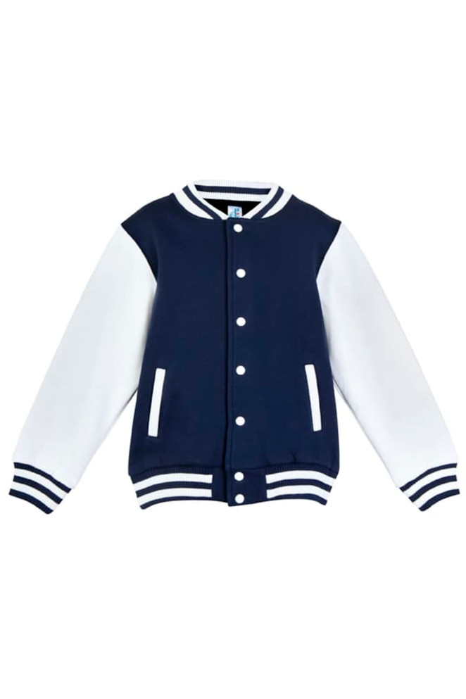 A navy and white varsity jacket featuring a button-up front and striped cuffs. It has a logo on the chest.