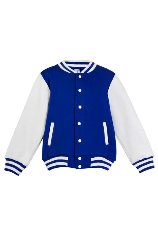 A blue and white varsity jacket with a button front and striped ribbing on the collar and cuffs. It features pockets and a logo.