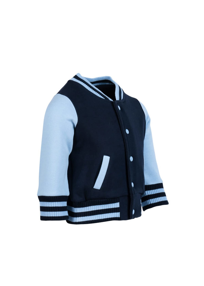 A navy and light blue varsity jacket featuring a button-up front and ribbed cuffs, with a logo on the chest.