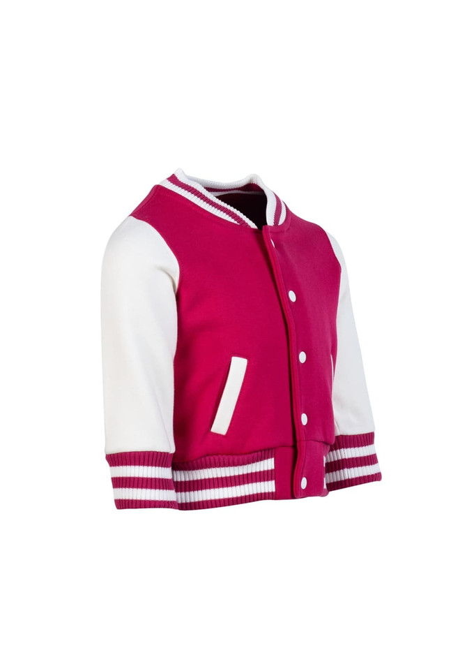 A pink and white varsity jacket featuring a button-up front and striped cuffs, designed for babies.