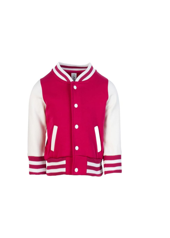 A pink and white babies varsity jacket with striped ribbing and a front button closure. It features a logo.
