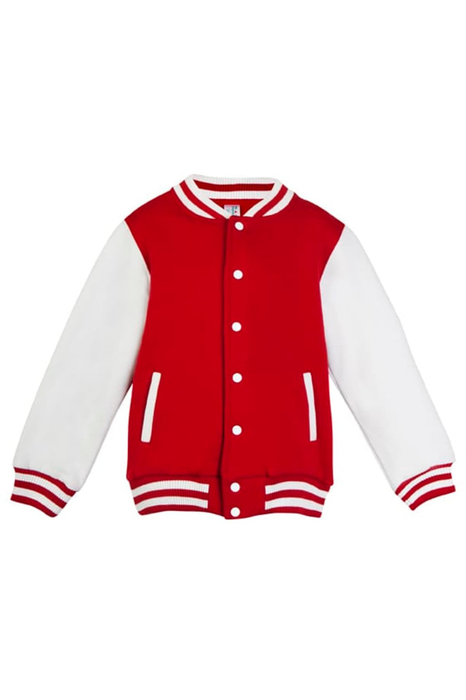A red varsity jacket with white sleeves, featuring a logo and striped detailing on the cuffs and collar.