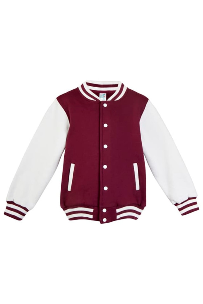 A maroon and white varsity jacket featuring striped cuffs and a button-up front. It has logo branding on it.