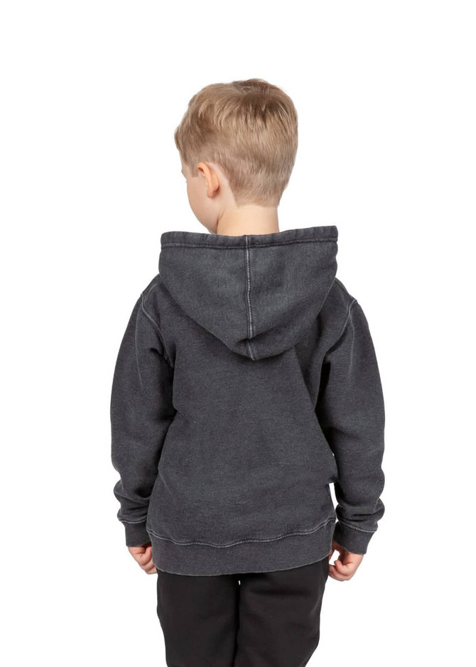 A boy wearing a charcoal grey fleece hoodie with a hood, facing away from the camera.