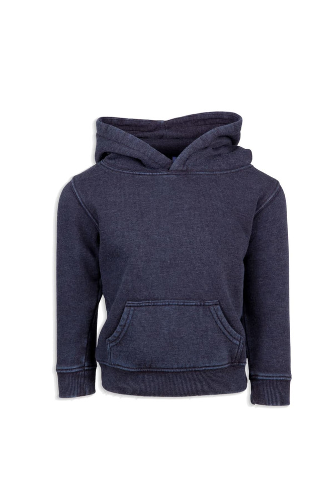 A baby’s stone wash fleece hoodie in navy blue with a front pocket and a hood. It has a logo on the front.