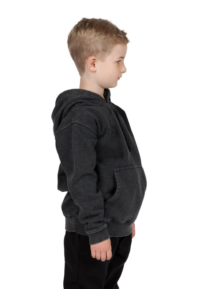 A grey stone wash fleece hoodie for babies displayed on a child, featuring a kangaroo pocket and a hood.